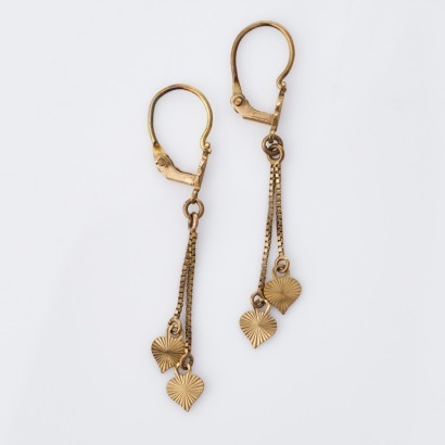 8ct Yellow Gold, Textured Heart Drop Earrings