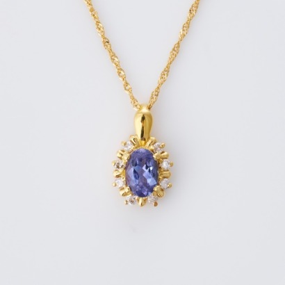 18ct Yellow Gold, 0.50ct Tanzanite / 0.08ct Diamond Pendant on 40cm Singapore Twist Chain
