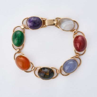 9ct Yellow Gold, Handmade, Multi-Gemstone Cabochon Set Bracelet