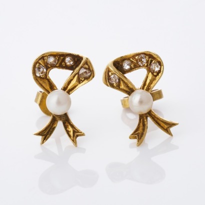 14ct Yellow Gold, Antique Style, Seed Pearl / Rose Cut Diamond Earrings