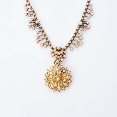 15ct-19ct Yellow Gold, Victorian, Seed Pearl Necklace with Detachable Pendant Brooch