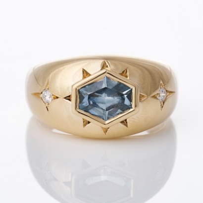 9ct Yellow Gold, Rin Nakano, 1.28ct Montana Sapphire / 0.05ct Diamond Ring - As new