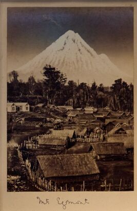 BURTON BROTHERS Mount Taranaki and Parihaka village with a manipulated comet above, View of Auckland from Mt Eden; Christchurch and Wellington on reverse