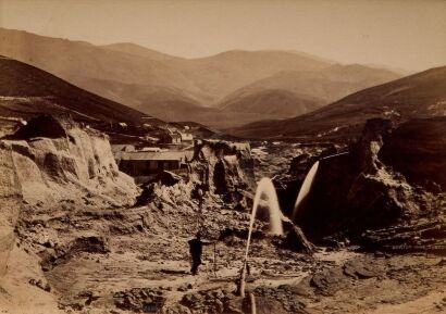 WILLIAM HART Two Photographs of Hydraulic gold mining, St. Bathans, Otago, NZ by William Hart and the Burton Brothers