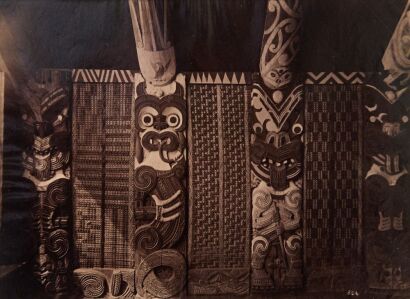 JOSIAH MARTIN View of Poupou and Tukutuku panels within the mahau of a wharenui