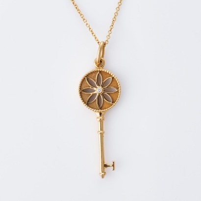 Tiffany & Co., 18ct Rose Gold, .02ct Diamond Set, Small Daisy Key Pendant on 40cm Chain with Box
