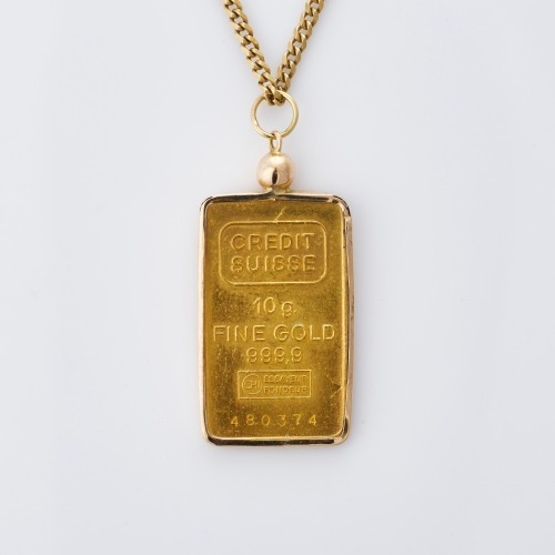 10 Gram Credit Suisse Gold Bar Pendant with 14ct Yellow Gold Chain