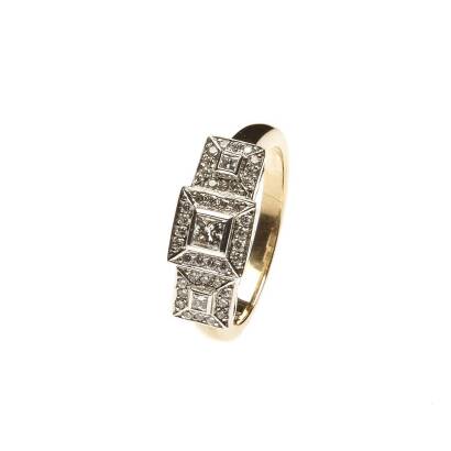 A diamond ring, comprising of three square panels each with a bezel set princess cut diamond centre, surrounded by small round brilliant cut diamonds. 9ct yellow and white gold. Weight 4.9 grams. Size M.