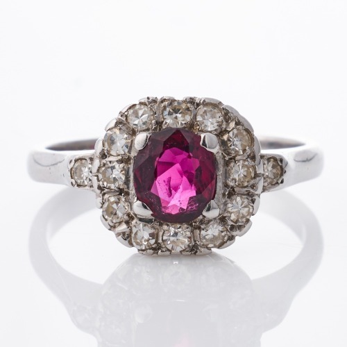 18ct White Gold, Vintage, 0.55ct Ruby / 0.28ct Diamond Cluster Ring, circa 1930's