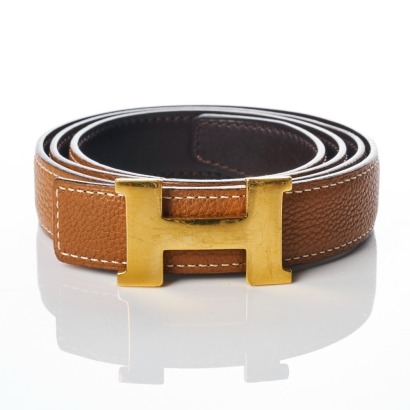 Herm&egrave;s, Reversible, Gold / Brown Hammered "H" Constance Belt, 85 cm