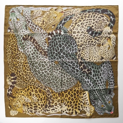 Herm&egrave;s, 100% Silk, Les L&eacute;opardesses Scarf with Box