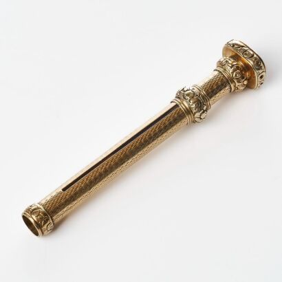 12ct Yellow Gold, Victorian, Push Pencil Holder with Engine Turned Decoration, Carnelian Seal Finial, Engraved "Truth"