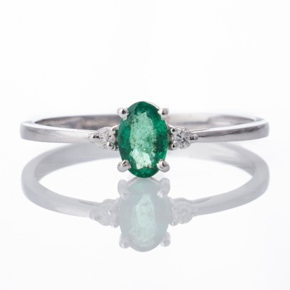 14ct White Gold, Small, 0.29ct Oval Mixed Cut Emerald / 0.05ct Diamond Ring