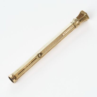 9ct Yellow Gold, Victorian, Dip Pen / Pencil with Hexagonal Pink Glass Seal E.D.Willmot (Edward Dunwoody Wilmot, Birmingham,1853-1887)