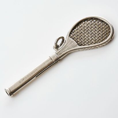 Sterling Silver, Sampson Mordan Propelling Pencil in Novelty Tennis Racquet Shape, circa 1870-1900
