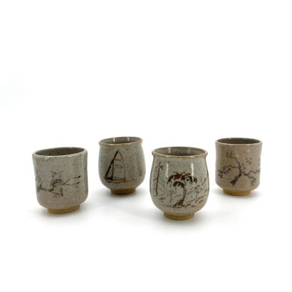 Four Japanese Gray-glazed Teacups