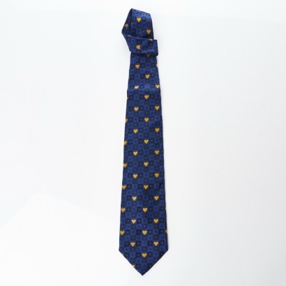Moschino, 100% Silk, Yellow Heart Motif, Blue Tie
