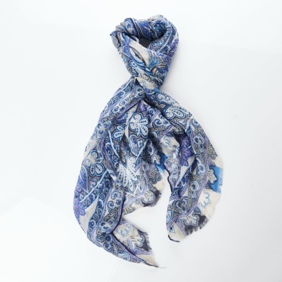 Etro, 100% Silk, Blue / White Paisley Scarf