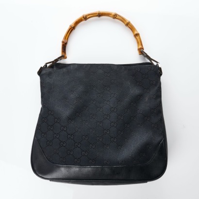 Gucci, Black GG Canvas Bamboo Shoulder Bag