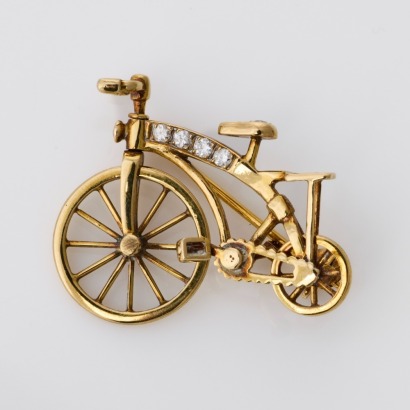 Vintage, 14ct Yellow Gold, Novelty, 0.02ct Ruby / 0.11ct Diamond Bicycle Brooch