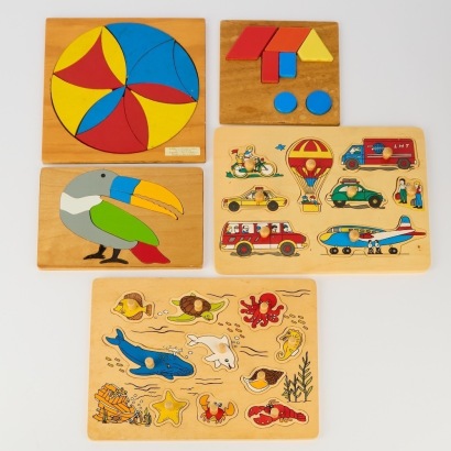 A Collection of Five Vintage Wooden Toy Puzzles, Made in New Zealand