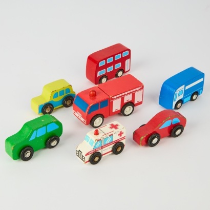 A Set of Seven Vintage Wooden Toy Vehicles