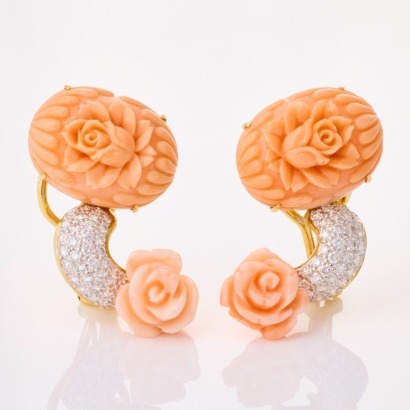 18ct Yellow Gold, Fancy, Carved Coral / 0.80ct Diamond Flower Earrings