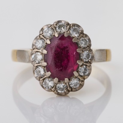 18ct Yellow / White Gold, 1.26ct Pink Tourmaline / 0.39ct Diamond Cluster Ring