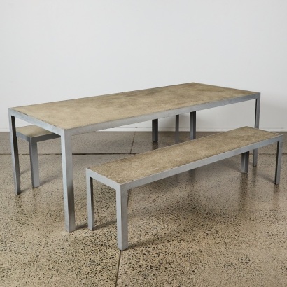 A Bob McDonald Outdoor Table and Pair of Bench Seats
