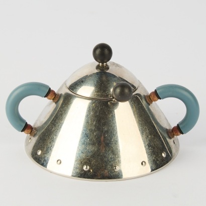 A Mid-Century ALESSI Stainless Steel Sugar Bowl with Spoon '9097' by Michael Graves