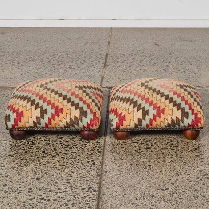 A Pair of Kilim-Style Footstools with Bun Feet