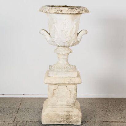 A Very Large Neoclassical Campagna-Form Garden Urn Mounted on a Plinth