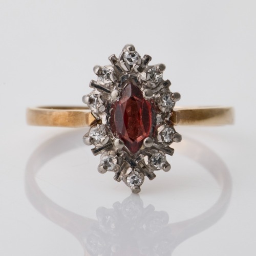 9ct Yellow / Rose Gold, 0.30ct Marquise Cut Garnet / 0.05ct Diamond Cluster Ring