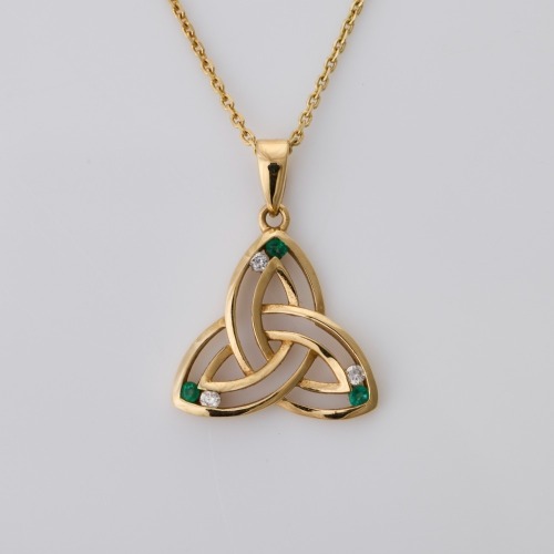 Solvar, 14ct Yellow Gold, 44cm Cable Link Necklace with Celtic Trinity Knot, Emerald / .02ct Diamond Pendant