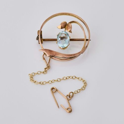 9ct Rose Gold, Art Nouveau Style, Blue Glass Brooch