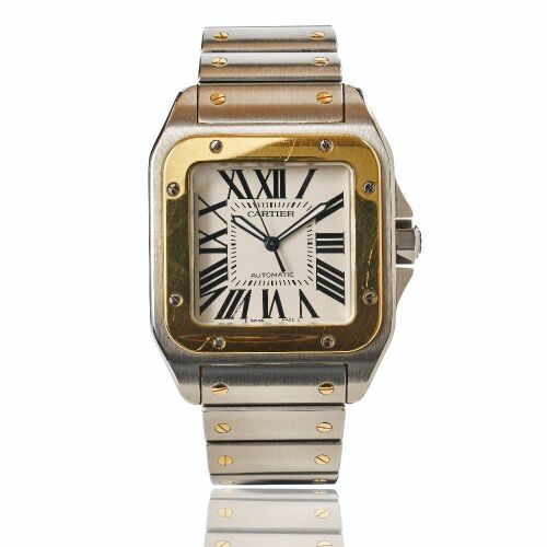 Stainless Steel / Yellow Gold, 39mm Cartier Santos 100 Automatic Wristwatch, circa 2008