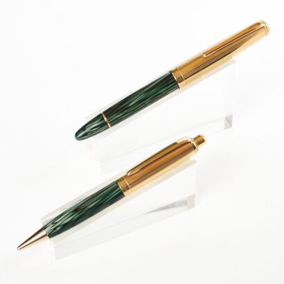 Monblanc Masterpiece Fountain Pen and PIX Pencil Set in Striated Green Celluloid, Boxed, Circa 1950's