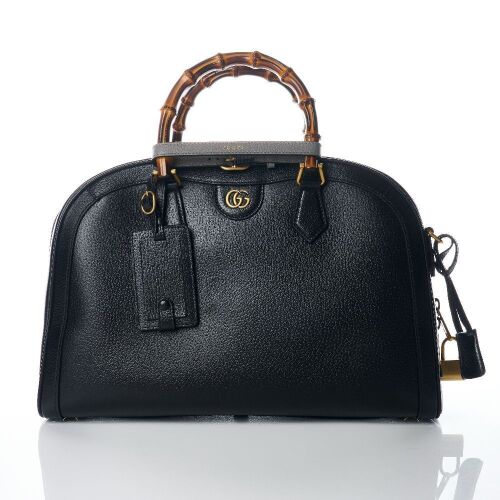 Gucci, Black Textured Dollar Calfskin Leather Medium Diana Duffle Bag