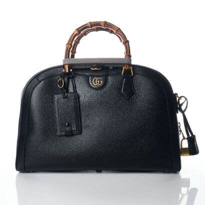 Gucci, Black Textured Dollar Calfskin Leather Medium Diana Duffle Bag