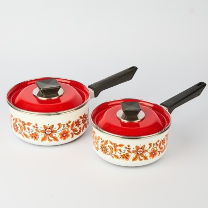 A Retro Pair of Enamel Saucepans with Lids
