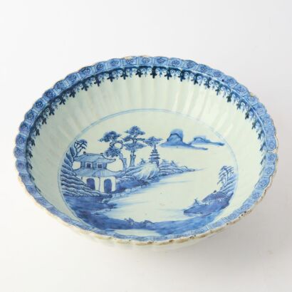 A Chinese 18th Century Qing Dynasty Blue and White Foliate-rimmed 'Landscape' Bowl