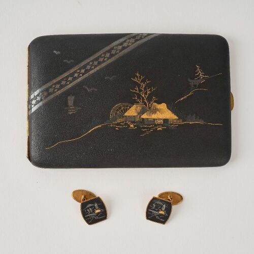 A Japanese Late Meiji Period Silver and Gilt Cigarette Case AND A Pair of Cufflinks