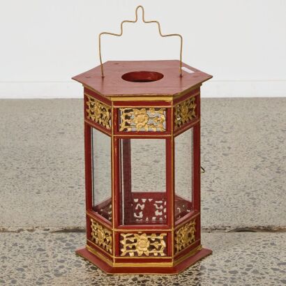 A 20th Century Chinese Red-lacquer and Gilt Oil Lamp