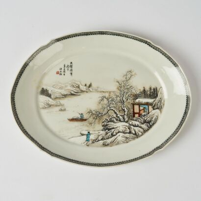 A Chinese Republic Period Famille-rose 'Snow Landscape' Oval Dish