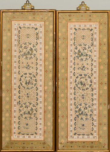 A Pair of Chinese Qing Dynasty Embroidered 'Court Ladies' Panels