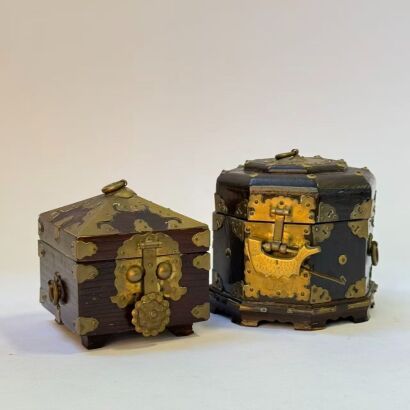 A Set of Two Chinese Aged Wooden and Copper-Clad Jewelry Boxes