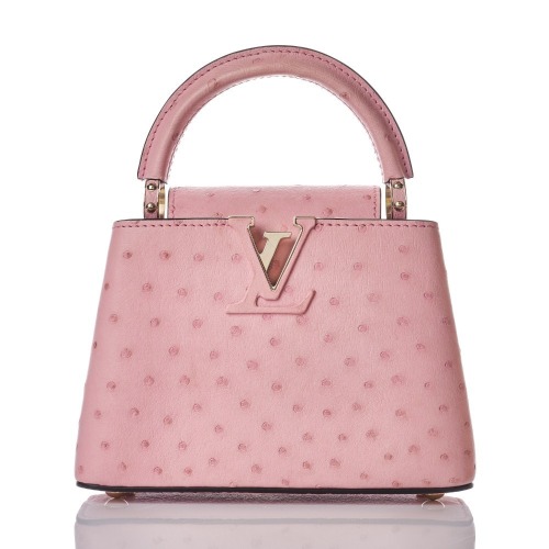 Louis Vuitton, Rose Calyso Ostrich Capucines Handbag, Size Mini