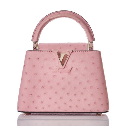 Louis Vuitton, Rose Calyso Ostrich Capucines Handbag, Size Mini