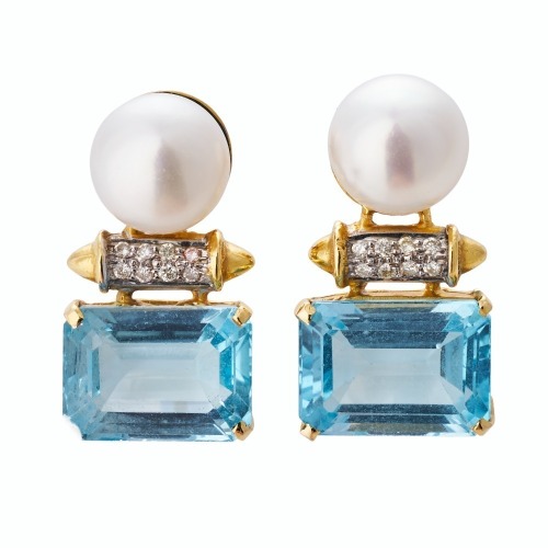 18ct Yellow Gold, South Sea Pearl, Blue Topaz / 0.16ct Diamond Drop Earrings