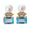 18ct Yellow Gold, South Sea Pearl, Blue Topaz / 0.16ct Diamond Drop Earrings
